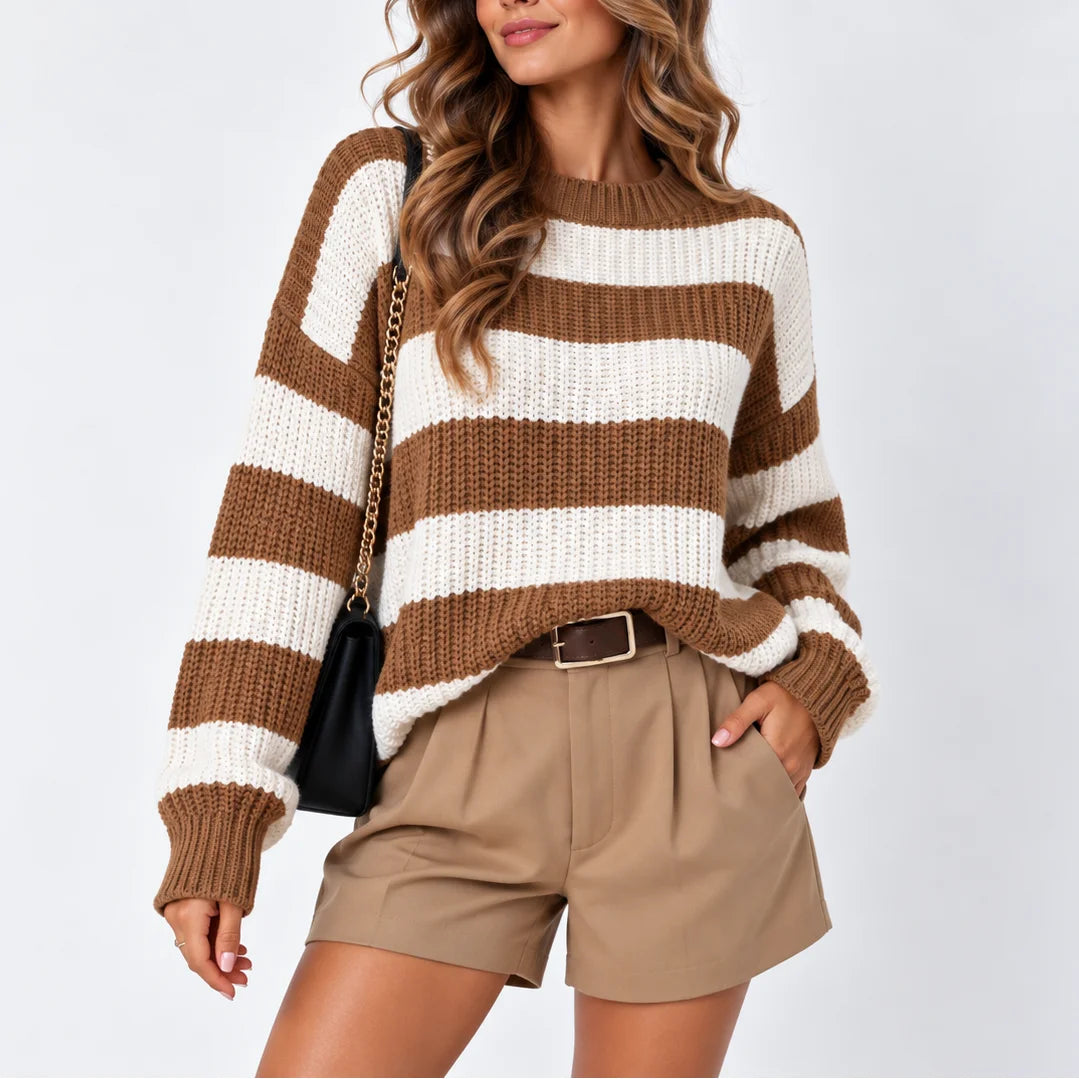Women's oversized striped knit winter sweater with round neck in Brown