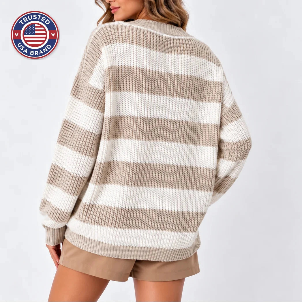 Women's oversized striped knit winter sweater with round neck