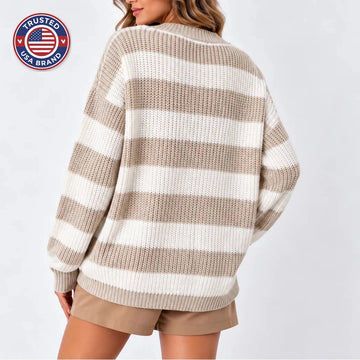 Women's oversized striped knit winter sweater with round neck
