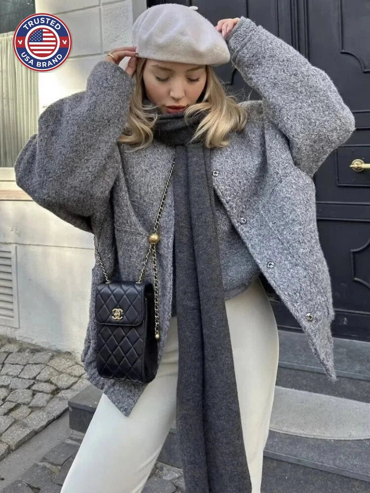 Women's oversized teddy winter bomber jacket round neck