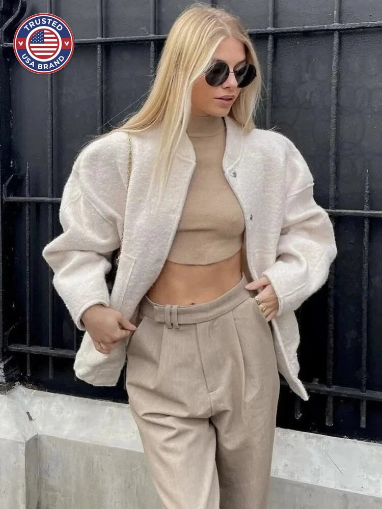Women's oversized teddy winter bomber jacket round neck