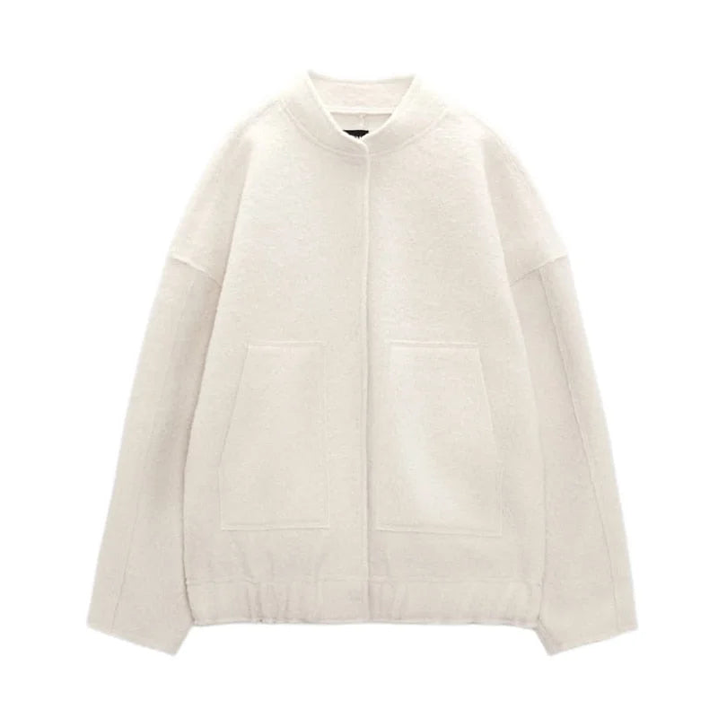 Women's oversized teddy winter bomber jacket round neck in Beige