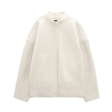 Women's oversized teddy winter bomber jacket round neck in Beige