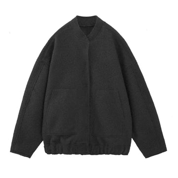 Women's oversized teddy winter bomber jacket round neck in Black