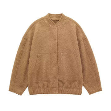 Women's oversized teddy winter bomber jacket round neck in Camel
