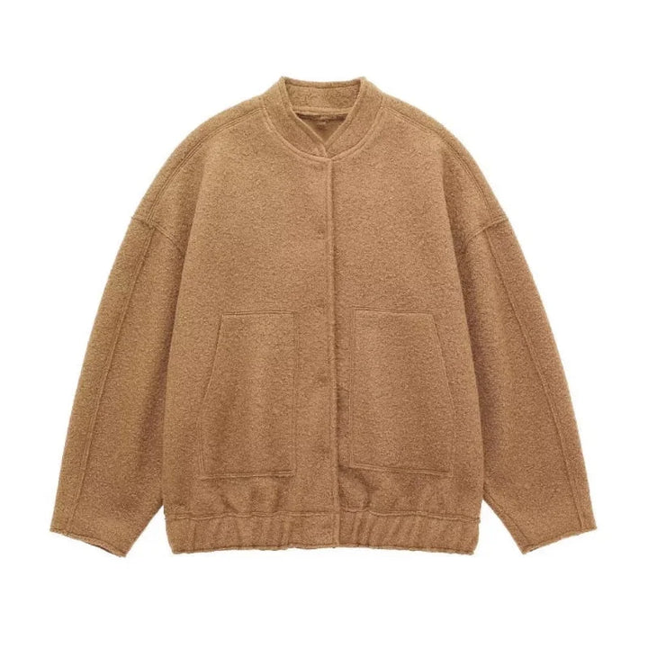 Women's oversized teddy winter bomber jacket round neck in Camel