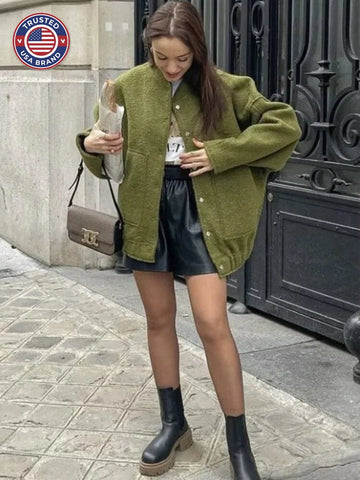 Women's oversized teddy winter bomber jacket round neck