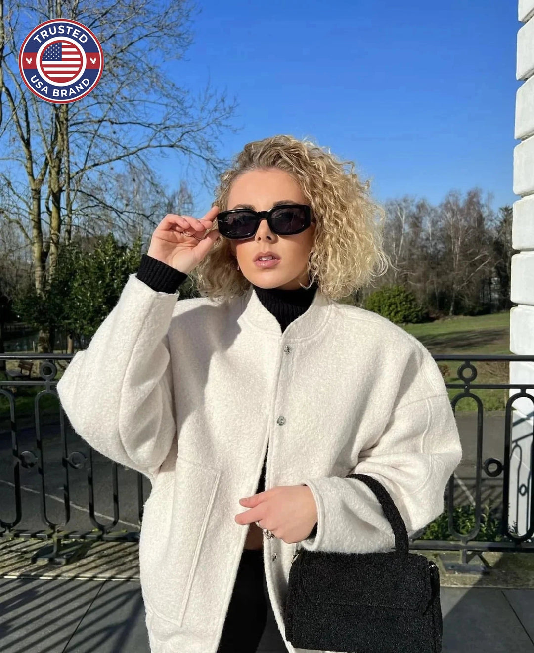 Women's oversized teddy winter bomber jacket round neck