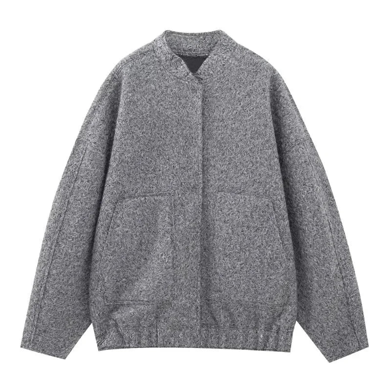 Women's oversized teddy winter bomber jacket round neck in Grey