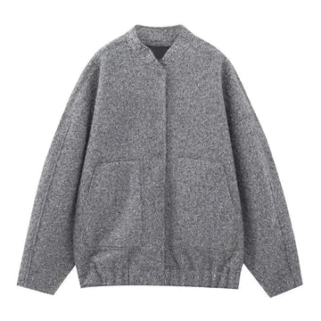 Women's oversized teddy winter bomber jacket round neck in Grey
