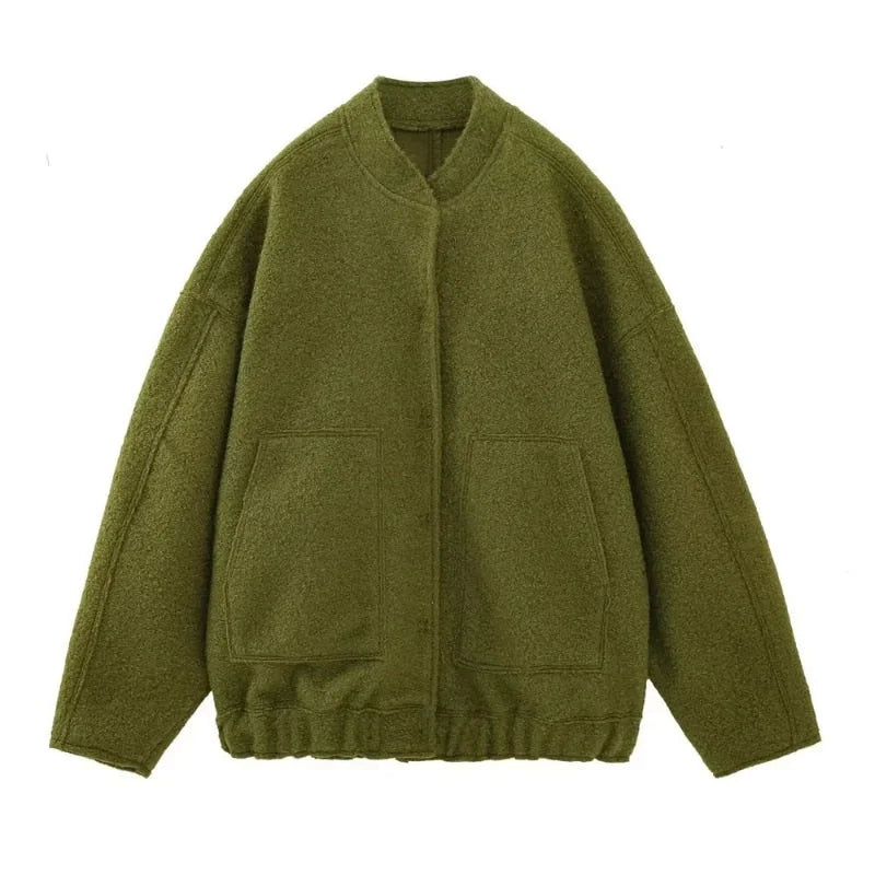 Women's oversized teddy winter bomber jacket round neck in Light Green