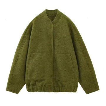 Women's oversized teddy winter bomber jacket round neck in Light Green