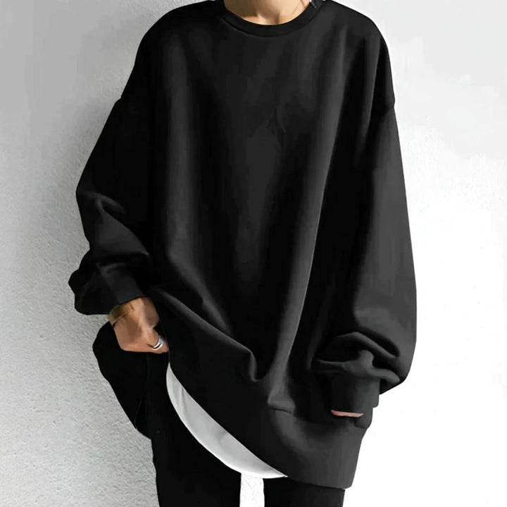 Women's oversized winter sweater dress drop shoulder crewneck long sleeve in Black
