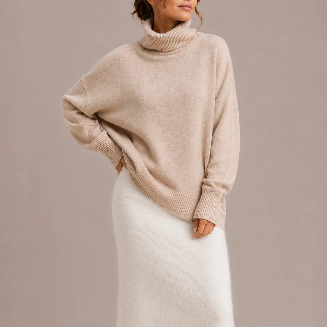 Women's winter roll neck sweater, oversized relaxed fit knit in Beige