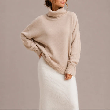 Women's winter roll neck sweater, oversized relaxed fit knit in Beige