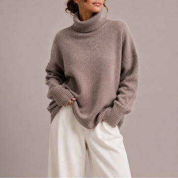 Women's winter roll neck sweater, oversized relaxed fit knit in Gray