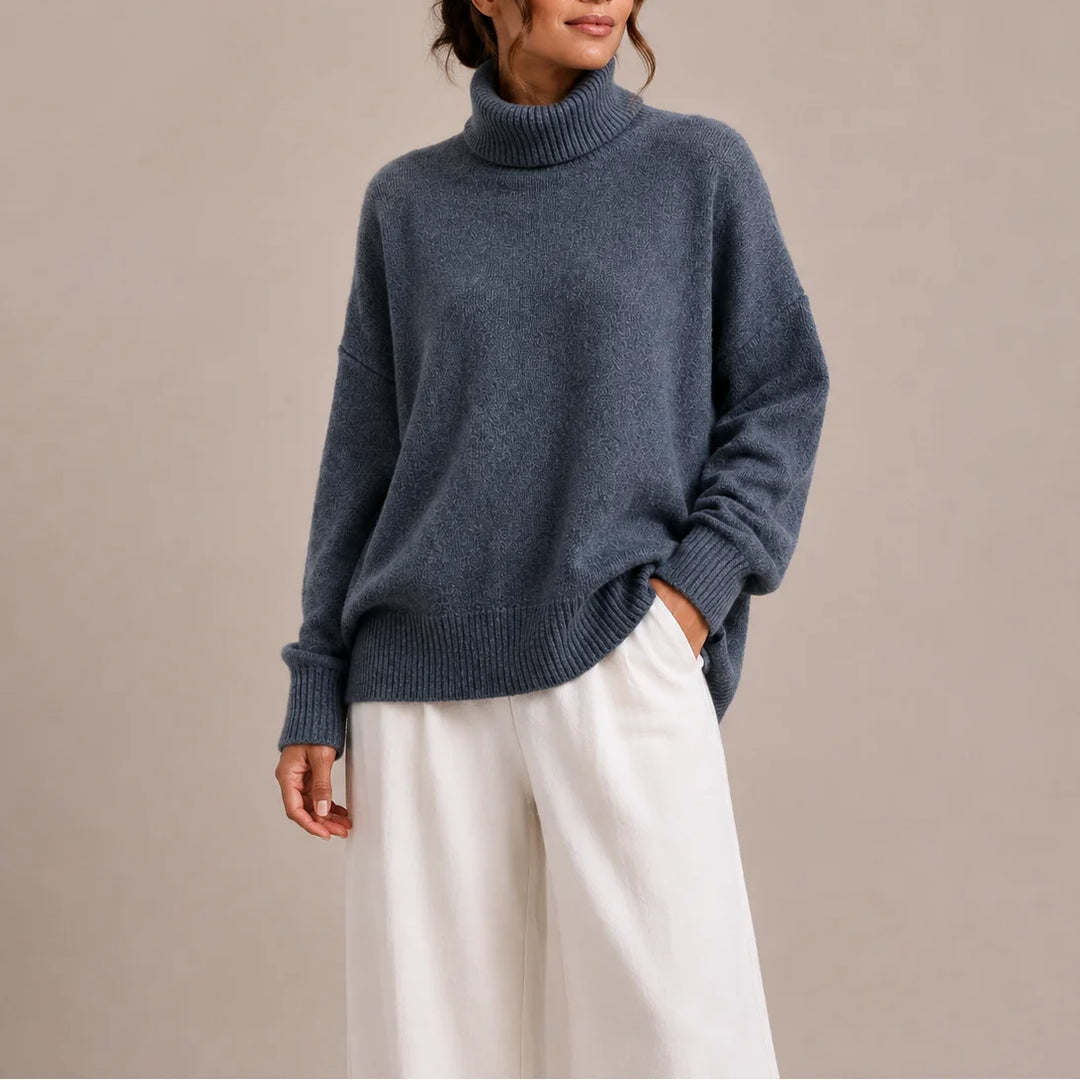 Women's winter roll neck sweater, oversized relaxed fit knit in Navy