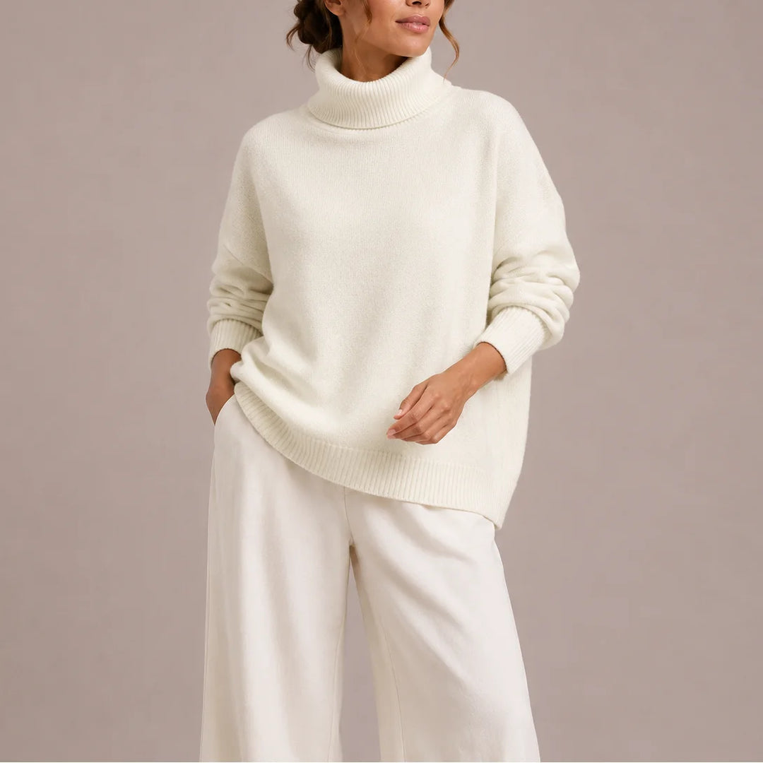 Women's winter roll neck sweater, oversized relaxed fit knit in White