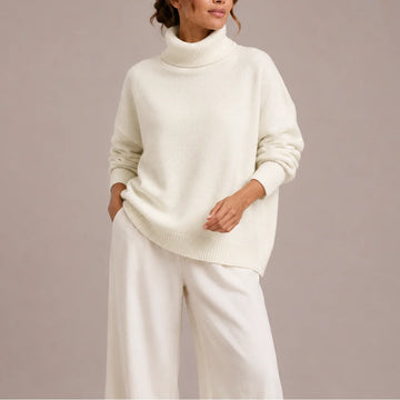Women's winter roll neck sweater, oversized relaxed fit knit in White