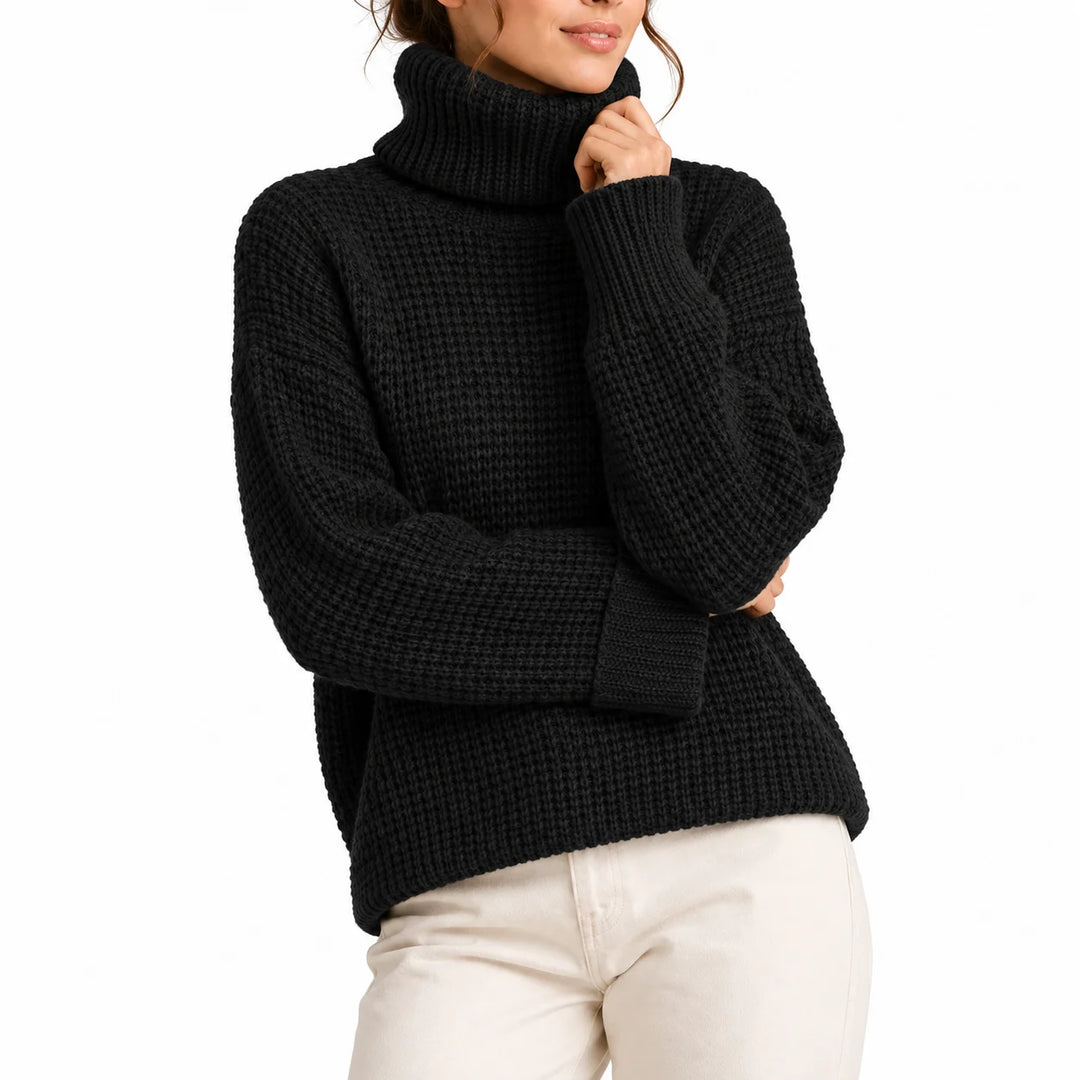 Women's roll neck oversized winter chunky knit sweater in Black