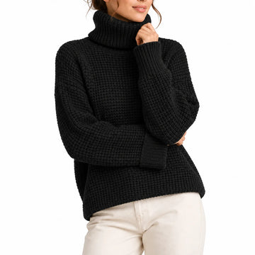 Women's roll neck oversized winter chunky knit sweater in Black