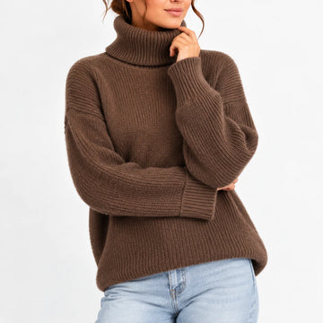 Women's roll neck oversized winter chunky knit sweater in Brown