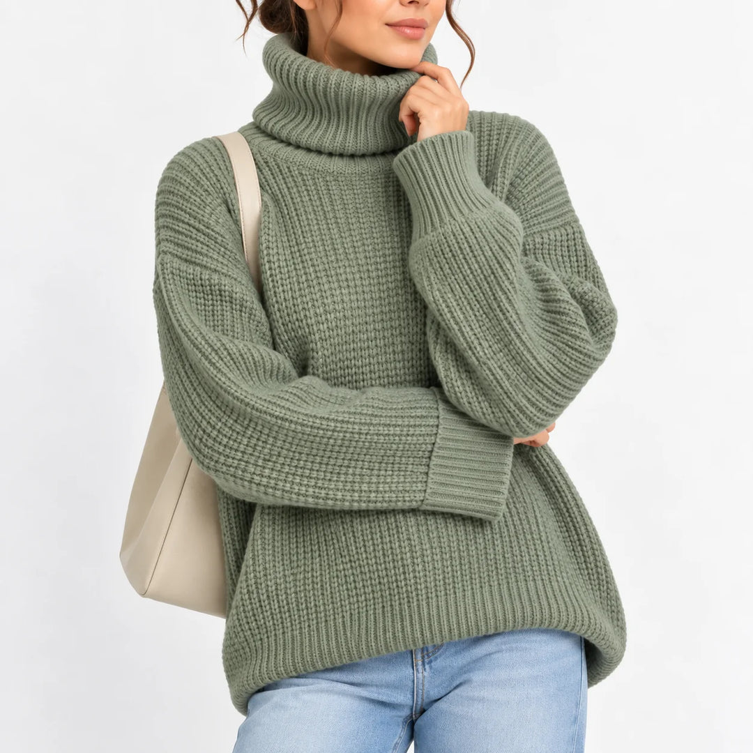 Women's roll neck oversized winter chunky knit sweater in Green