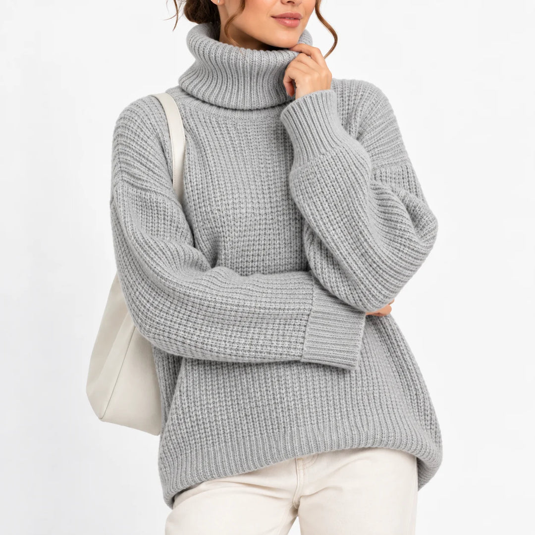 Women's roll neck oversized winter chunky knit sweater in Grey