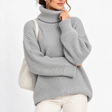 Women's roll neck oversized winter chunky knit sweater in Grey