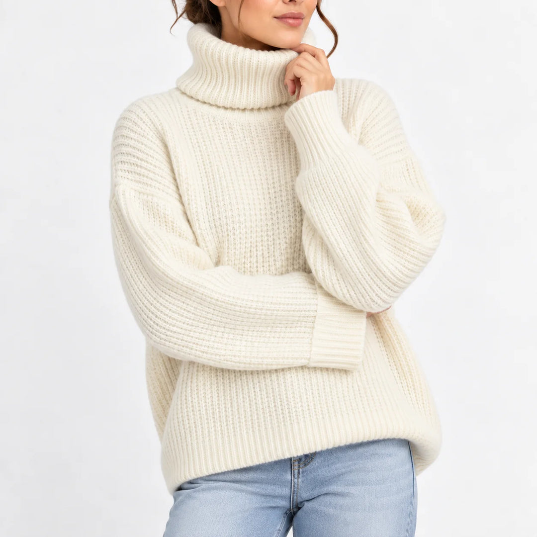 Women's roll neck oversized winter chunky knit sweater in White