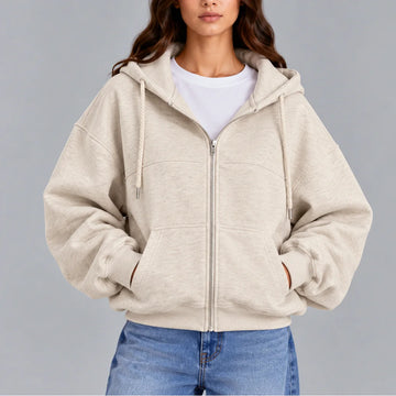 Women's oversized zip-up winter hoodie – casual relaxed fit hooded sweatshirt in Beige