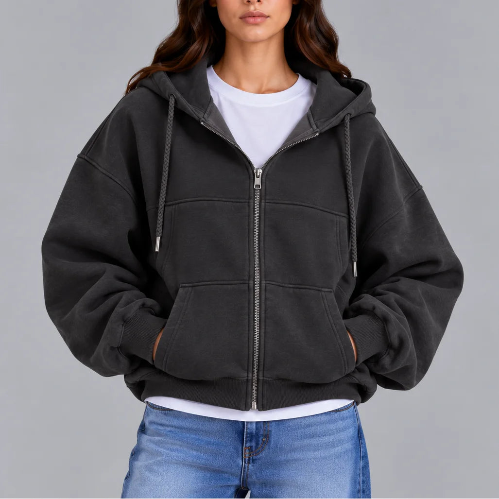 Women's oversized zip-up winter hoodie – casual relaxed fit hooded sweatshirt in Black
