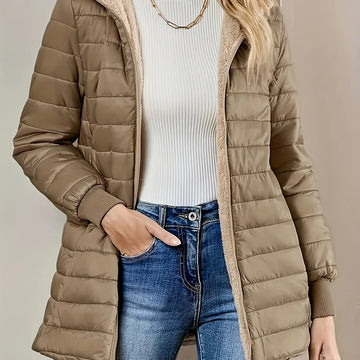 Women's padded hooded winter puffer jacket in Khaki