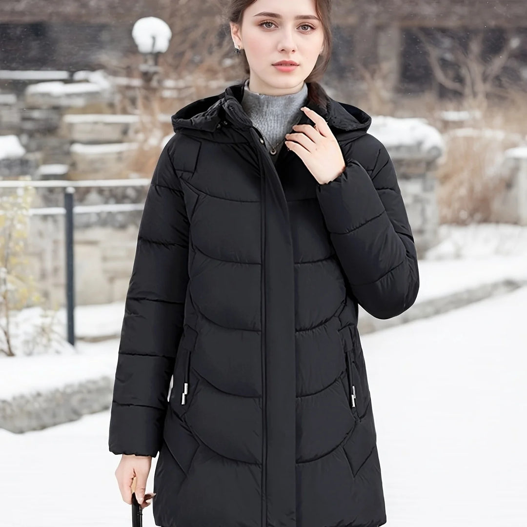 Women's padded long winter puffer jacket in Black