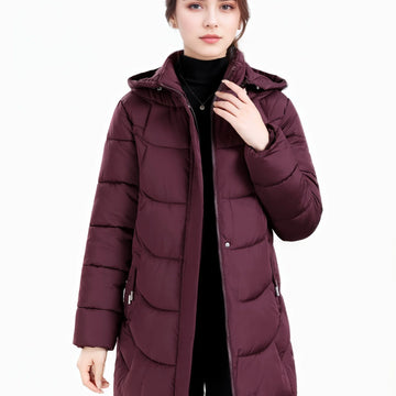 Women's padded long winter puffer jacket in Burgundy