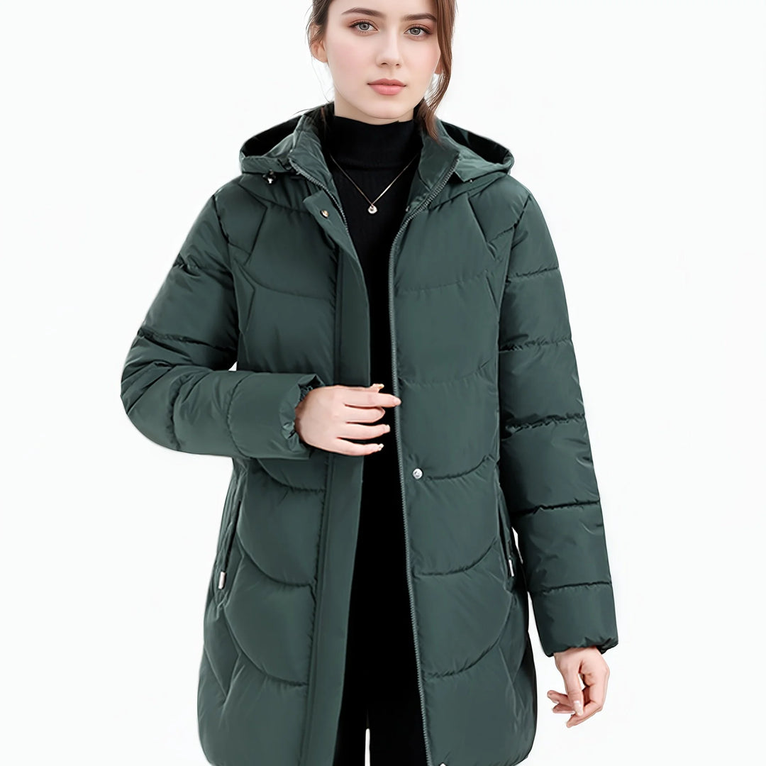 Women's padded long winter puffer jacket in Dark Green