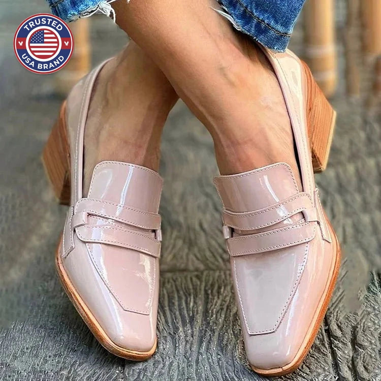 Women's Patent Leather Loafers Block Heel Slip-On Comfort - Pink