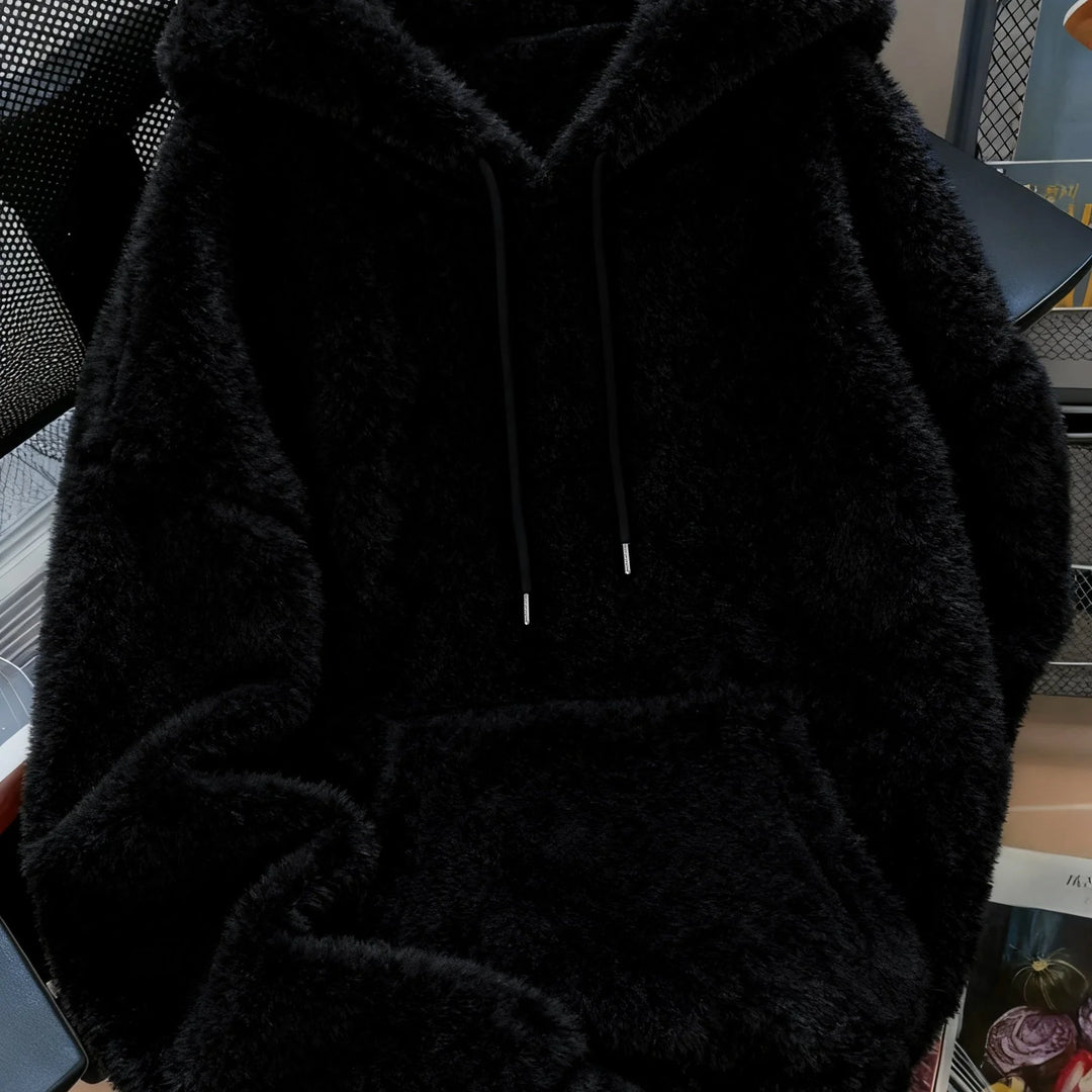 Women's comfy plush winter hoodie with drawstring in Black