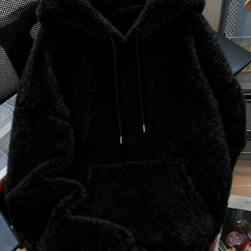 Women's comfy plush winter hoodie with drawstring in Black