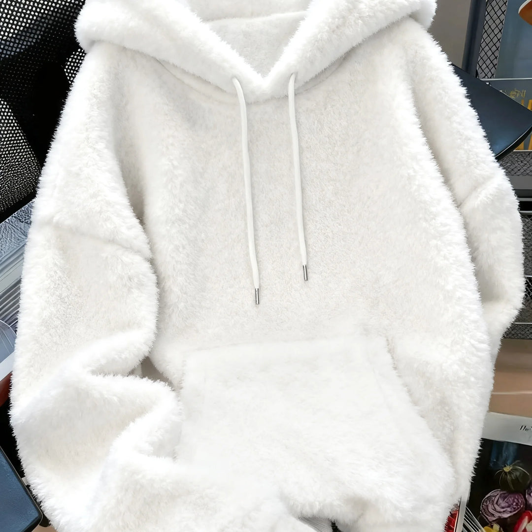 Women's comfy plush winter hoodie with drawstring in White