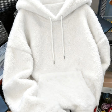 Women's comfy plush winter hoodie with drawstring in White