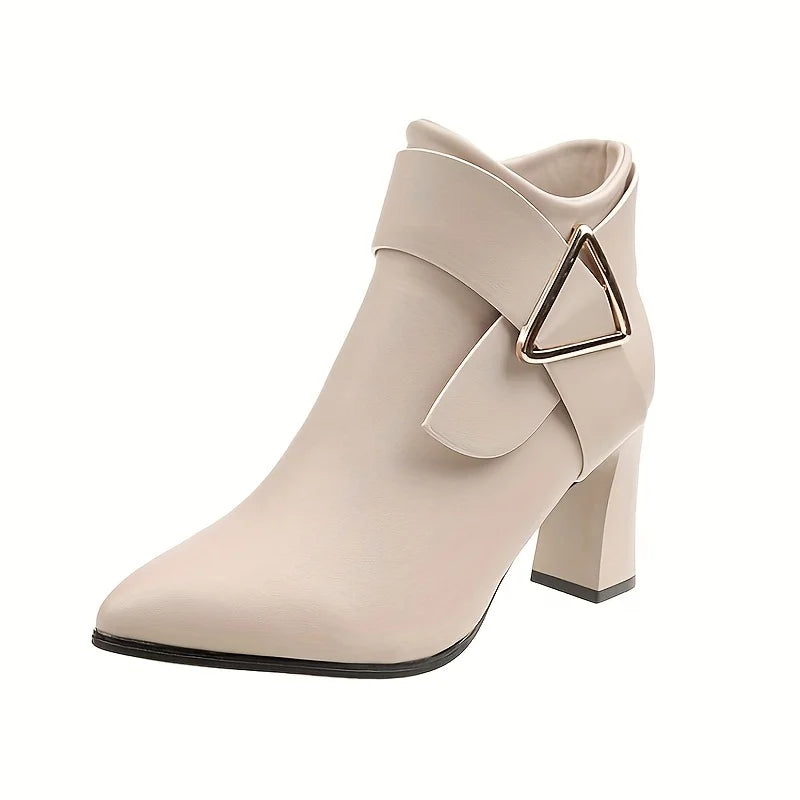 Women's pointed-toe block-heel winter ankle boots in Beige