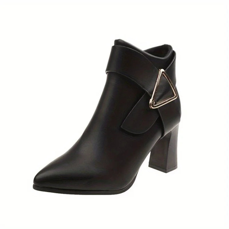 Women's pointed-toe block-heel winter ankle boots in Black
