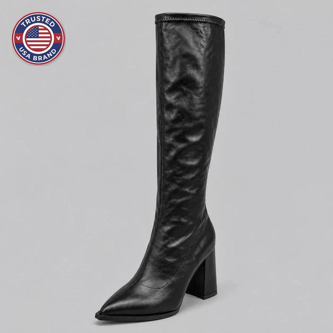 Women’s pointed toe knee-high winter boots with chunky block heel