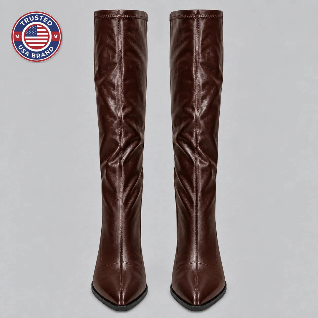 Women’s pointed toe knee-high winter boots with chunky block heel