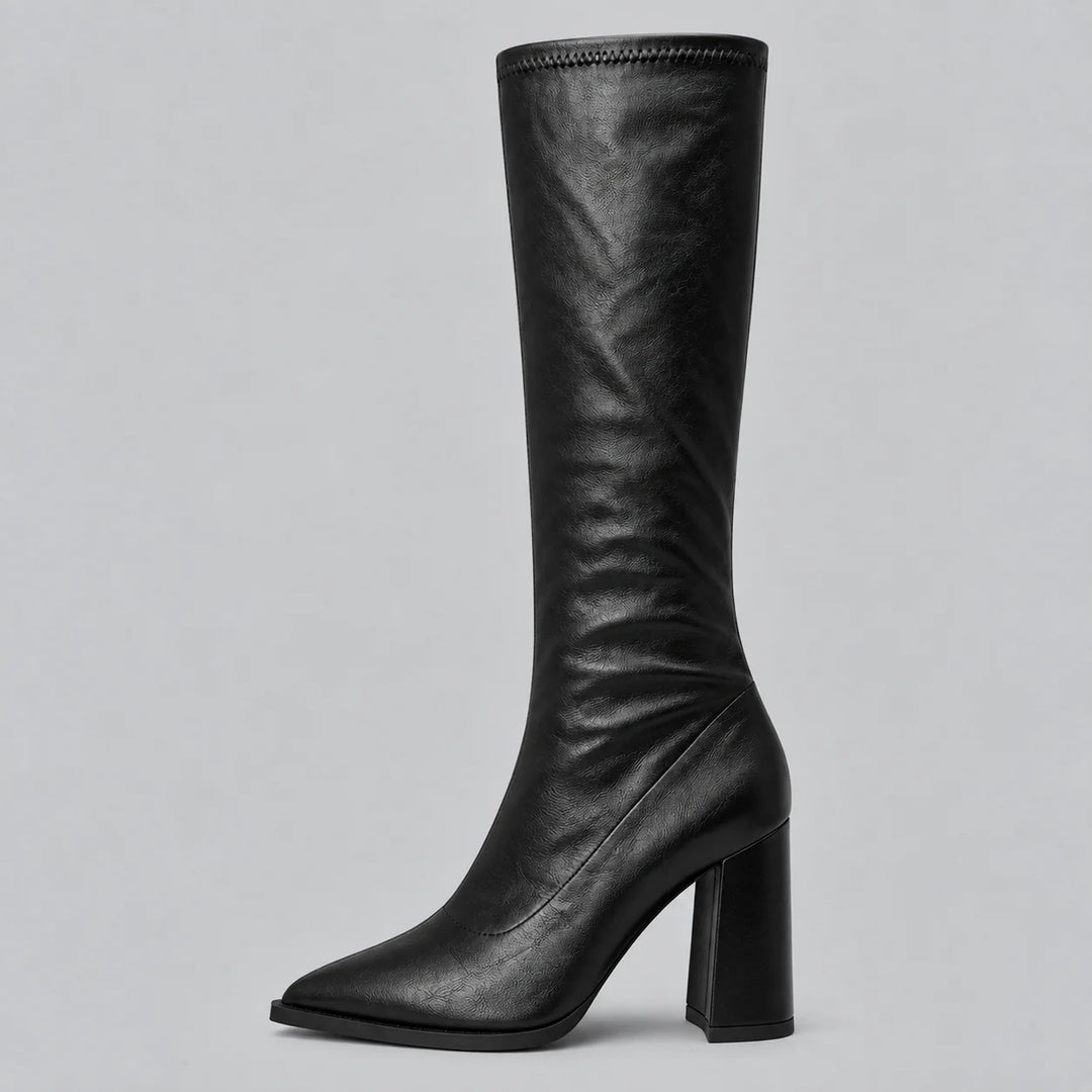 Women’s pointed toe knee-high winter boots with chunky block heel in Black