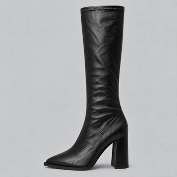 Women’s pointed toe knee-high winter boots with chunky block heel in Black