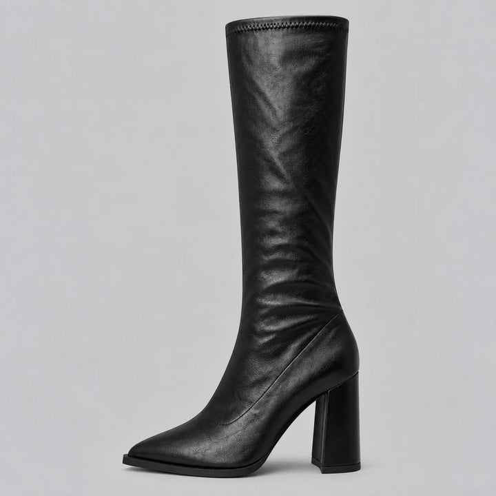 Women’s pointed toe knee-high winter boots with chunky block heel in Black