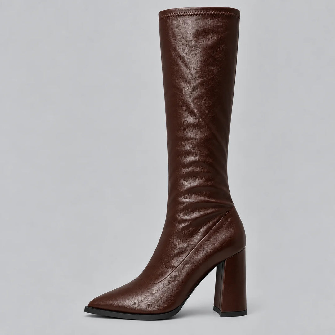 Women’s pointed toe knee-high winter boots with chunky block heel in Brown