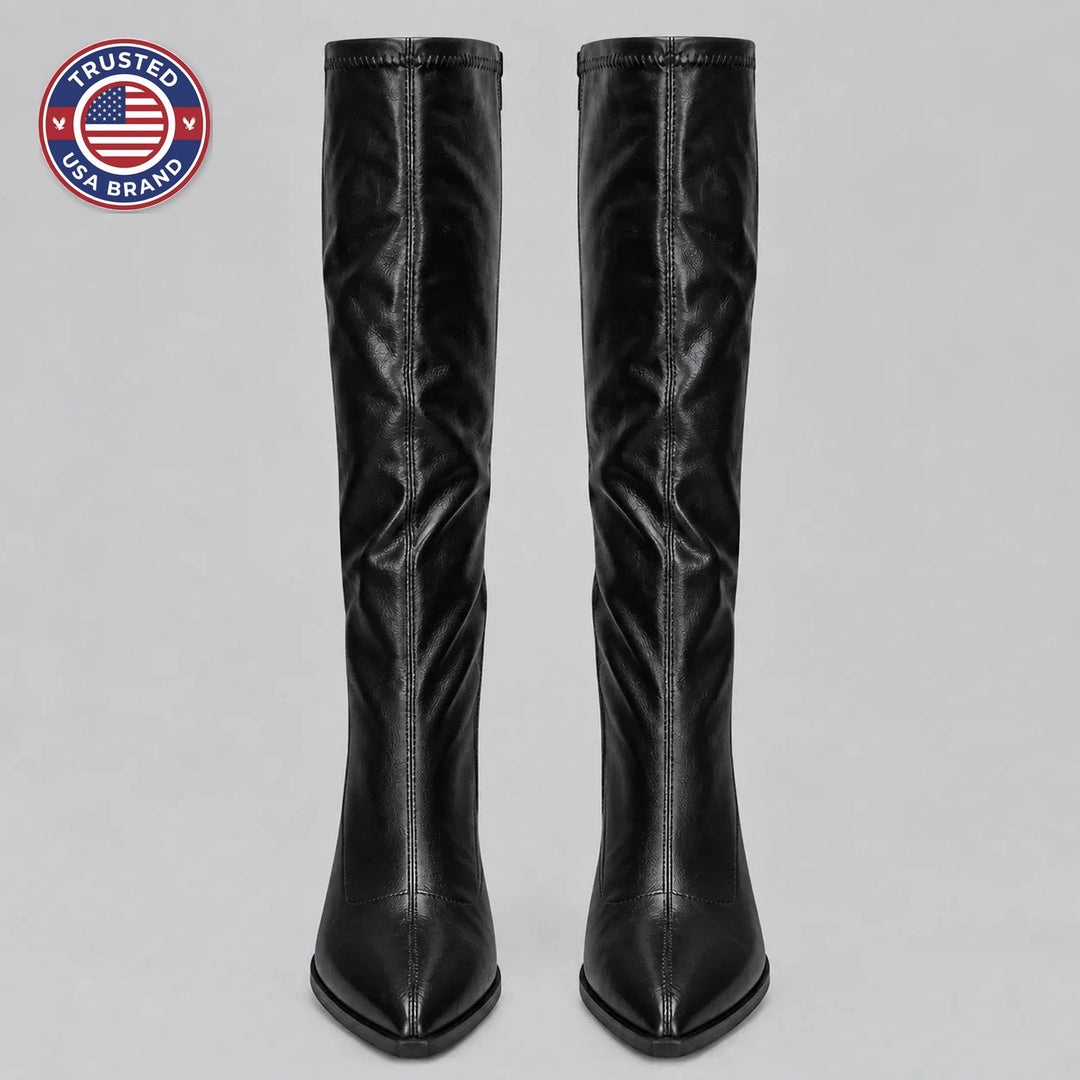 Women’s pointed toe knee-high winter boots with chunky block heel